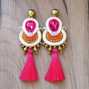 Fuchsia pink tassel earrings, soutache earrings with crystals, sparkling statement earrings, glamour earrings, soutache jewelry