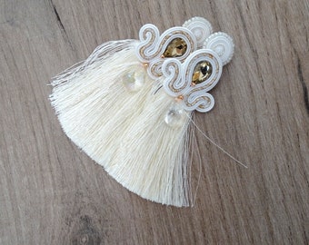 Boho bridal earrings, tassel clip-on earrings, soutache earrings, off white earrings for bride or bridesmaids