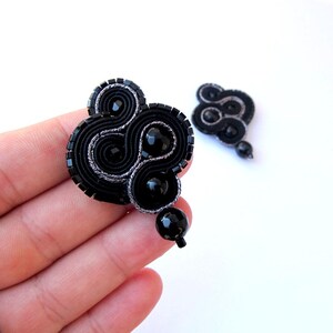 Black clip-on earrings, 90s earrings for woman ,soutache earrings, onyx earrings, clip on earrings art image 1