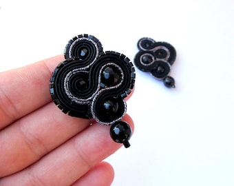 Black clip-on earrings, 90s earrings for woman ,soutache earrings, onyx earrings,  clip on earrings art