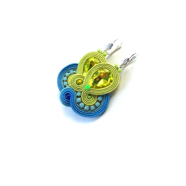 lime green soutache earrings, lime and blue jewelry with crystals