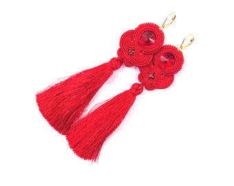christmas red tassel earrings, very long earrings, soutache earrings with rivoli crystals, flamenco earrings for dancer, mature gift