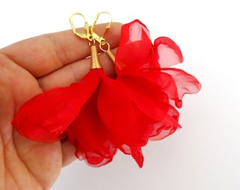 Poppy flower earrings, flower girl earrings, red tassel earrings, statement earrings for woman, gold filled earrings