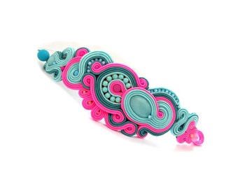 Mint Cuff Bracelet, Handmade Soutache Bracelet, Mint and Pink and Teal, Soutache Jewelry, Colorful Barcelet