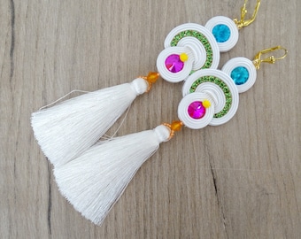 Pendientes de borlas de soutache: pendientes largos de tela con cuentas de cristal
