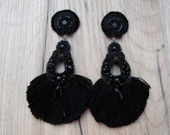 Black Tassel Earrings, Long Soutache Earrings, Tassel Earrings, Black Earrings, Soutache Earrings, Carnival Earrings