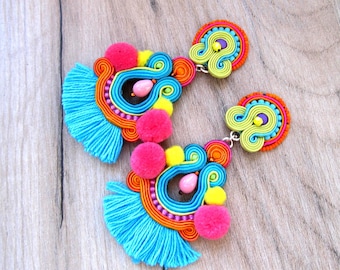 Tassel Earrings Long, Colorful Clip-On Earrings, Pom Pom Earrings, Tribal Earrings, Boho Soutache Earrings, Handmade Earrings