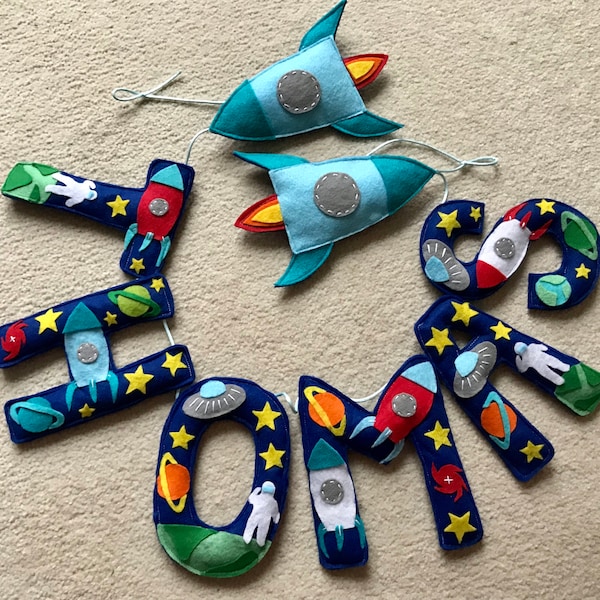 Felt Space Name Garland, Rocket Ship Nursery Decor, Name bunting, banner, sign, Party Decoration,