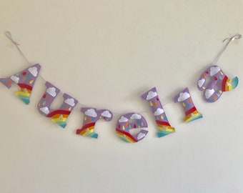 Felt Name Garland Personalised Bunting Banner Decorated letters with Clouds, Rainbows, Raindrops, MADE TO ORDER Nursery Decor Party Decor