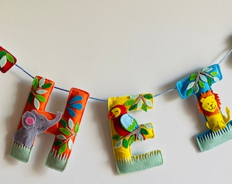 Jungle Safari Felt Name Garland, Kids Nursery Decor, Custom Bunting Banner