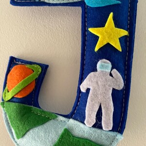 May include: A dark blue felt letter J decorated with space-themed appliqu&eacute;s including a light blue rocket, a yellow star, a gray astronaut, an orange planet with a green ring, and green mountain shapes along the bottom edge with white stitching.