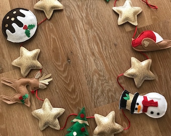 Handmade Christmas Garland: Glitter Stars, Reindeer, Snowman, Holly - 1.5 Metres