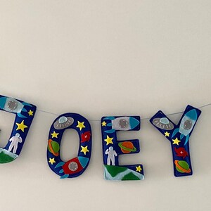 May include: A decorative banner spelling the name JOEY in dark blue felt letters. Each letter is adorned with colorful space-themed felt appliqu&eacute;s including rockets, planets, stars, and astronauts, with two additional rocket cutouts on the ends.