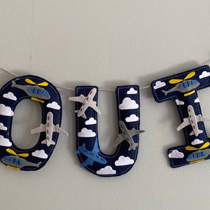 Aeroplane Helicopter Name garland, name bunting, name banner. Birthday party decoration, personalised name gift, felt letters, flying decor