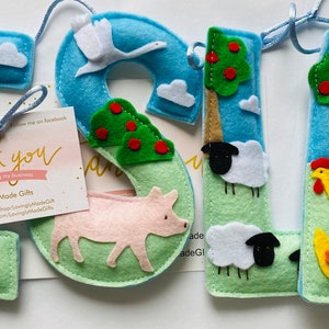 Felt Farm Animal Name Garland, Name Banner, Name Bunting, Name Sign, New baby gift, Child’s room decor, felt letters, Birthday Party Decor