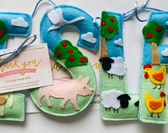 Felt Farm Animal Name Garland, Nursery Decor, Name Banner, sign, Party Decoration, baby shower gift