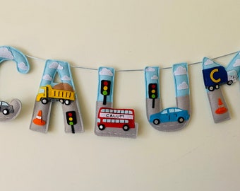 Personalized Transport Name Garland, Felt Nursery Decor, Banner, Door Sign, Baby shower, Party Decoration, handmade