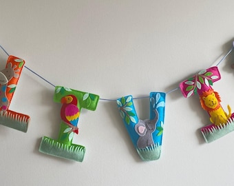 Felt Jungle Animal Name Garland, Safari Nursery Decor, Handmade Party Banner, Bunting, Door Sign,