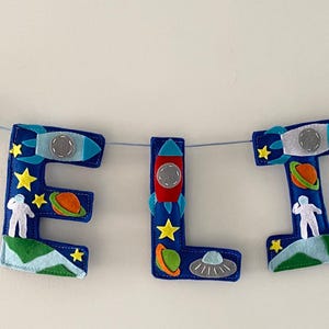 May include: A felt banner spelling the name ELI in blue letters, decorated with space-themed appliqu&eacute;s including rockets, planets, stars, astronauts, and a flying saucer. The banner is strung on a thin cord with two additional rockets at the ends.