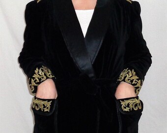 Black velvet Escada coat size 42, Vintage 90's, cotton and rayon, Escada by Margaretha Ley coat jacket with belt, gold embroidery