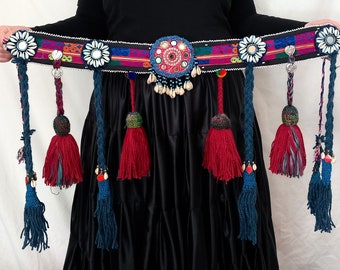 TB282 Cinturón tribal, Danza del vientre tribal, Fusión tribal ATS gitano kuchi concha borla espejo 80 cm bufanda de cadera cinturón tribal, Burning Man