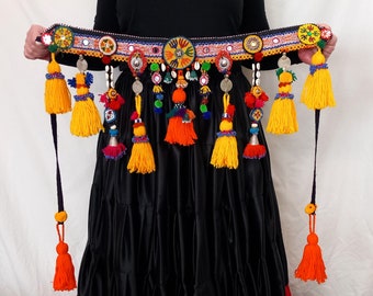 TB280 Cintura tribale, danza del ventre tribale, Tribal fusion ATS gypsy kuchi conchiglia nappa medaglione di perline cintura tribale con sciarpa sui fianchi da 70 cm, Burning Man