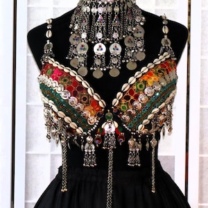 Può includere: Un top e un set di collana ornati su un manichino nero. Il top presenta ricami intricati, conchiglie e abbellimenti argentati. La collana ha una pietra centrale rossa e catene d'argento pendenti.