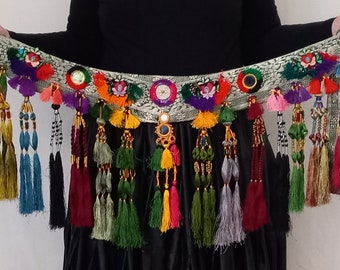 TB240 Tribal belt, Tribal belly dance, Tribal fusion ATS gypsy tassel mirror embroidery hip scarf tribal belt, Burning Man