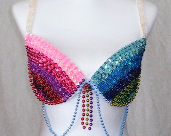 SBR3B Rainbow bra 36D 80DD, Pink blue green rainbow belly dance dancing bra top,Burning Man, Show sequin bra top