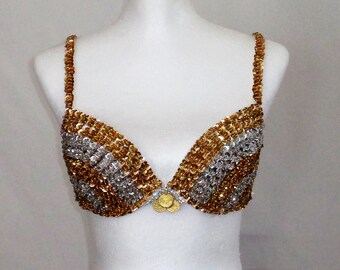 SBR2A Sequin bra 34B 75C, Silver gold sequin belly dance dancing bra top, Sequin bra top, Burning Man, Show sequin bra top