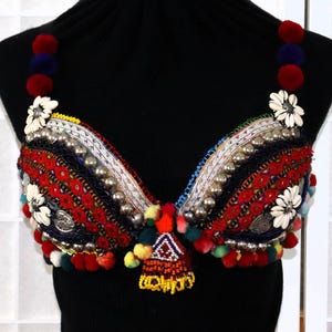 TBR8E Reggiseno tribale 36B/80C ATS FCBD top per danza del ventre con pompon a conchiglia specchiata in fusione gypsy, reggiseno tribale Kuchi per festival