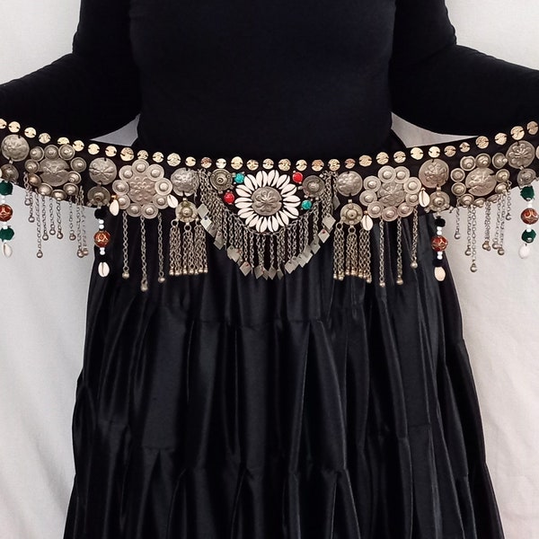 TB286 Cinturón tribal, Danza del vientre tribal, Fusión tribal ATS colgante de concha kuchi gitano estilo antiguo 85 cm cinturón tribal bufanda de cadera, Burning Man