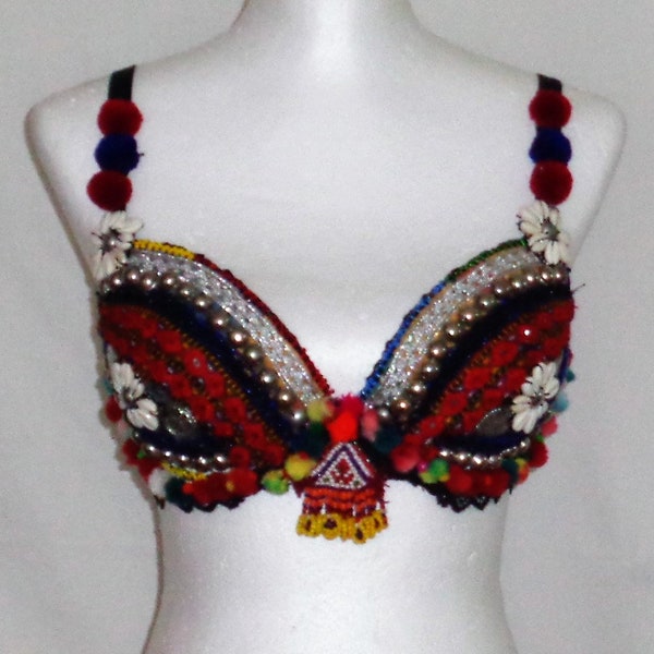 TBR8E Tribal bra 36B/80C, Tribal mirror shell belly dance bra top, ATS belly dance, Tribal gypsy fusion ATS kuchi  bra top, Burning Man