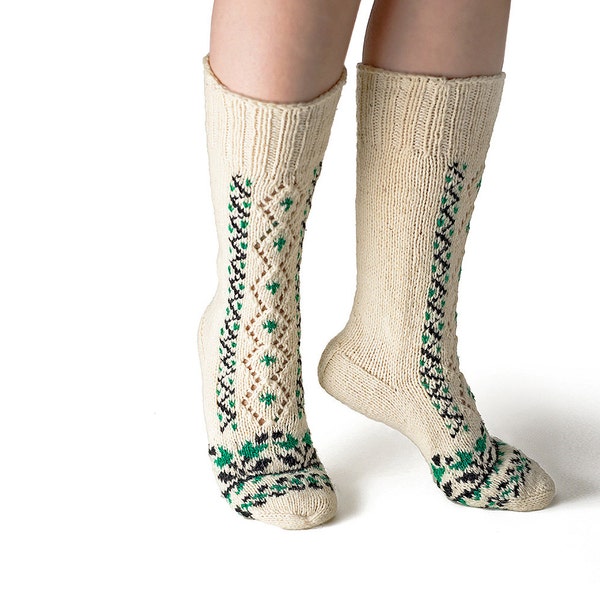 Hand Knitted Organic Wool Slipper Socks, Unisex, Green, US Women's Size 7.5 to 10.5