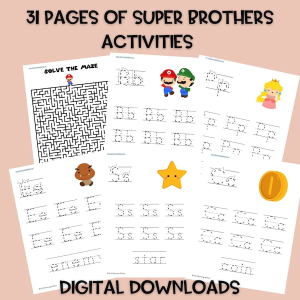 Super Brothers Activity Pack: 31 Pages of Fun and Learning for Young Super Mario Fans (Digital Product)