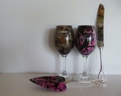 Bride Groom wine glasses and personalized camo serving set for rustic wedding in Muddy Girl and Next Camo