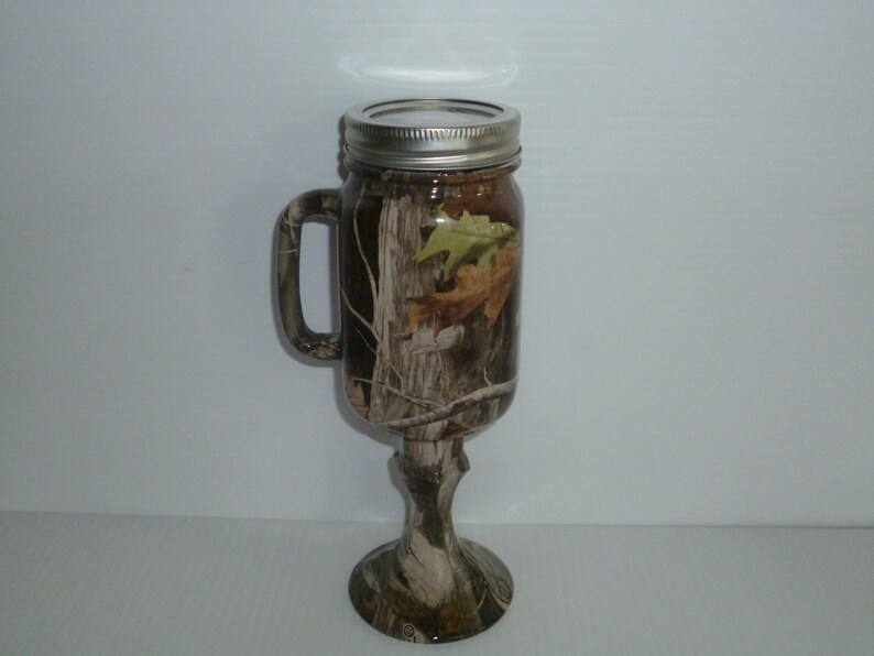 Camo Mason jar beer mug processed in Next camo. Perfect for Etsy