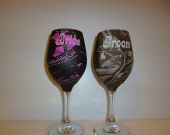 bride and groom camo wine glasses for rustic wedding processed in Muddy Girl and Next camo hydrographics