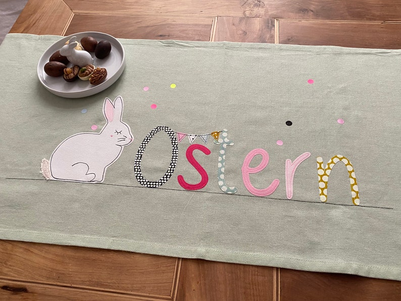 short delivery time table runner Easter, tablecloth Easter, spring, Easter decoration, mint, rabbit image 3