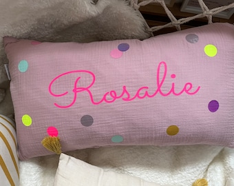 Muslin pillow with name, pillowcase, birth pillow, baby pillow cover, personalized pillow, name pillow, muslin confetti pillow
