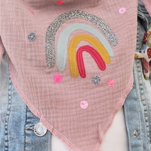 Mädchen Halstuch Musselin, Musselintuch, Musselinschal,Tuch Regenbogen, Regenbogentuch, Konfetti, Glitzer, Musselin mint, Kinderschal rosa