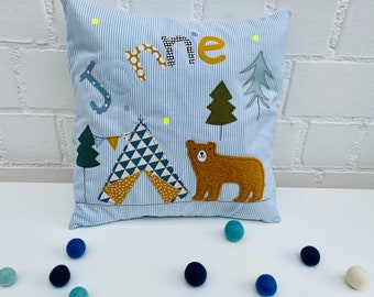 Kissen mit Namen Kissenbezug Kissen Geburt Baby Kissenhülle Kissen personalisiert Nameskissen Kuschelkissen Kinderkissen Kissen Bär, Tipi