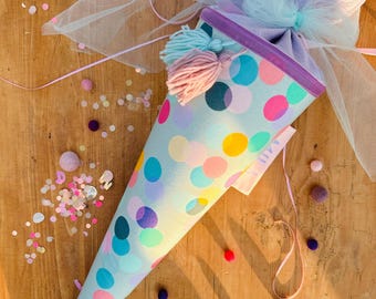 Cono escolar de muselina, cono escolar para niñas, cono escolar de lunares, cono escolar de tul, cono escolar Ergobag, cono escolar de lunares, cono escolar de confeti, cono escolar personalizado