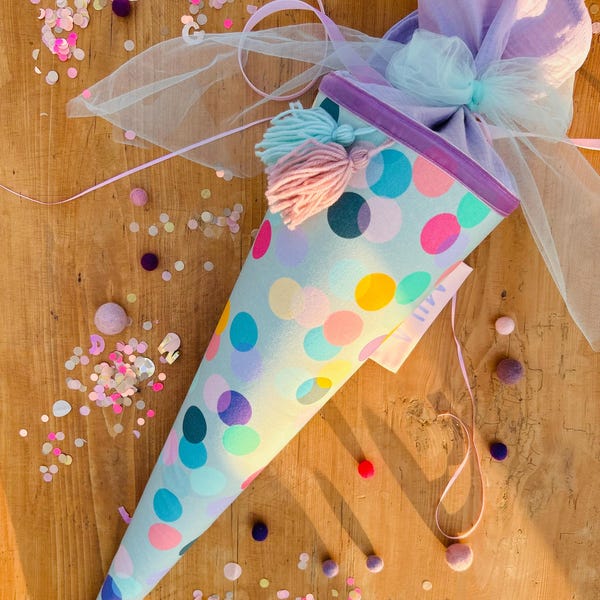 Muslin school cone, girls' school cone with polka dots, tulle school cone, Ergobag school cone, confetti, personalized school cone