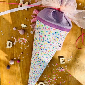 Muslin school cone, fabric school cone, girls' school cone, polka dot school cone, tulle school cone, Ergobag school cone, rainbow school cone, confetti school cone