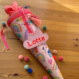 Schultüte Musselin Schultüte Stoff Schulanfang Schultüte Mädchen Einschulung Schultüte bunte Regenbögen rainbow Herz Wolken Milla Louise