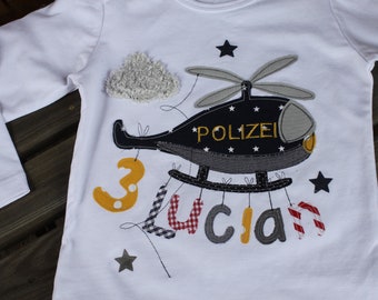 Chemise d'anniversaire enfants, chemise d'anniversaire, chemise pour garçons, chemise avec nom, chemise avec numéro, police, hélicoptère, cadeau, chemise, Milla Louise