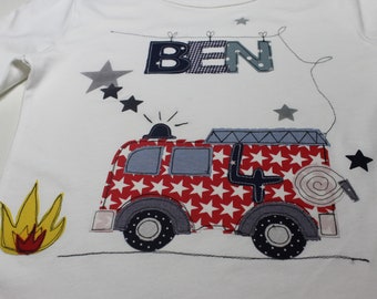 Birthday shirt children, birthday shirt, shirt for boys, shirt fire brigade, fire engine, shirt with name, shirt with number, Milla Louise