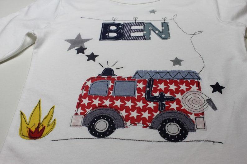 Birthday shirt children, birthday shirt, shirt for boys, shirt fire brigade, fire engine, shirt with name, shirt with number, Milla Louise image 1