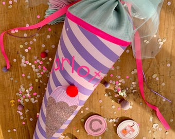 Cono escolar de muselina, cono escolar de tela, cono escolar para niñas, cono escolar de helado, cono escolar de tul, cono escolar Ergobag, cono escolar de helado, confeti